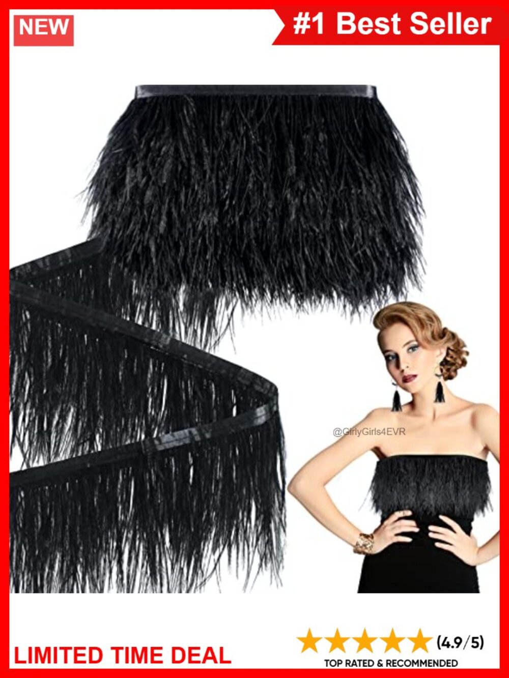 Ostrich Feather Trim Fringe 10 Yards 3-4 Inch Satin Ribbon Sewing Craft